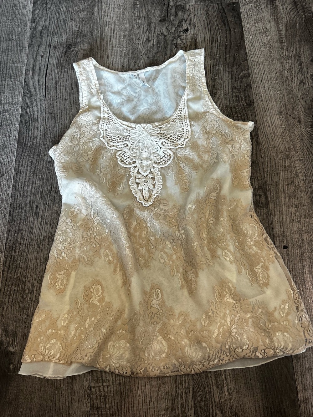 Studio Y Cream Lace Overlay Tank Top with Crochet Neck Detail